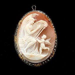 Antique 18 KGold High-relief Carved Cameo Shell Brooch Pendant Harpist & Cherub